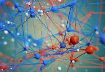 A vivid abstract composition featuring blue and red nodes connected by slender lines, resembling a molecular network or digital lattice. The image conveys science, technology, and interconnected systems in a futuristic setting.