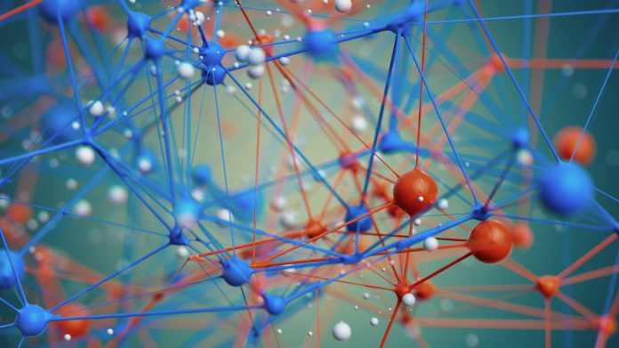 A vivid abstract composition featuring blue and red nodes connected by slender lines, resembling a molecular network or digital lattice. The image conveys science, technology, and interconnected systems in a futuristic setting.