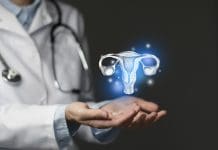 Reproductive system issues medical concept. Photo of female doctor, empty space.