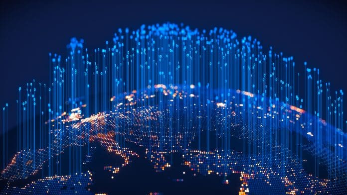 Digital Globe With Binary Fibers Growing From Cities