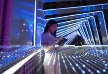 Particle synthesis concept and glowing glasses gaming experience