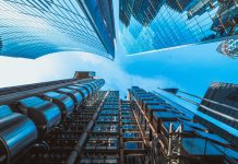 Diminishing perspective of downtown London skyscrapers