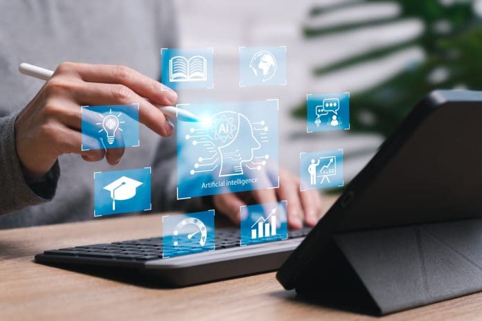 AI Artificial Intelligence, Education technology concept, Women use Laplets, Learn online webinars successfully, Use AI to Generate Business Development, New ideas for success, technology of future