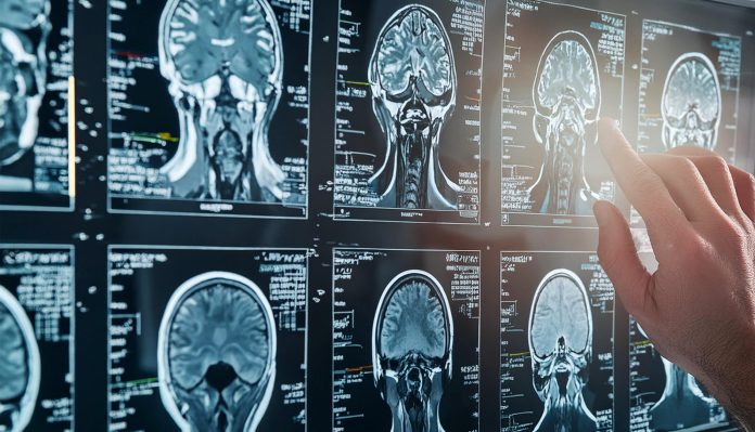 MRI Brain Scan. Doctor shows MRI Brain Scan of head and skull.