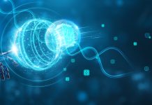 Businessman mechanical robotic hand touching quantum computing global network, data processing and network connection on digital interface, high-speed algorithms, revolutionary technology and innovation concept.