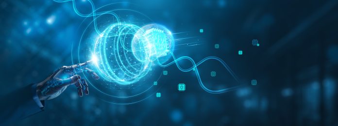 Businessman mechanical robotic hand touching quantum computing global network, data processing and network connection on digital interface, high-speed algorithms, revolutionary technology and innovation concept.