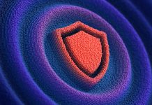Shield sign on the blue pixelated wavy background. Big data protection and Internet security. 3d illustration