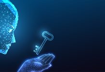 AI security and success concept with robotic head holding key on lue background. Digital protection