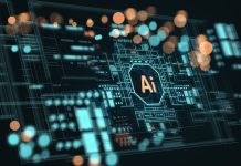 Illustration of AI board with the word AI in the center and abstract bokeh around it. Concept of Artificial Intelligence, Development of AI Technology with space for text.