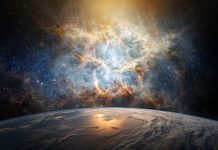 View of the Earth, star and galaxy. Sunrise over planet Earth, view from space. Concept on the theme of ecology, environment, Earth Day. Elements of this image furnished by NASA.