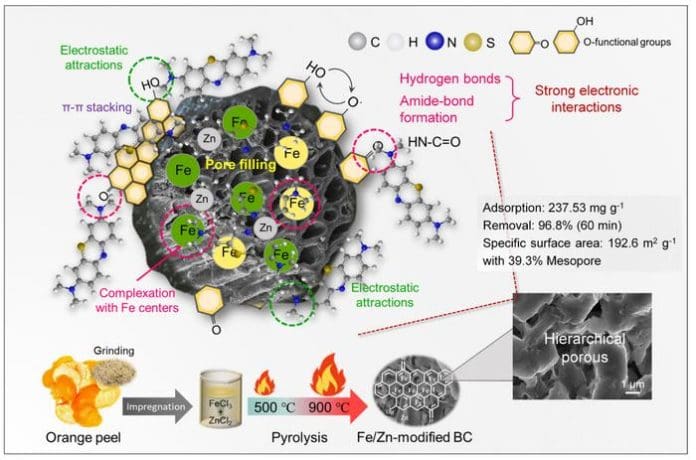 Hierarchical porous biochar with Fe/Zn co-activation derived from orange waste: enhanced methylene blue adsorption and mechanistic insights Image Credit © Lei Zhang, , Xin Liu, Wenbo Liu, Hongying Du & Junkang Guo