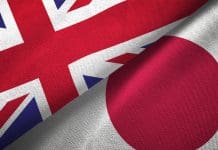 Japan and United Kingdom two flags together realations textile cloth fabric texture