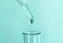 Expensive laboratory tests and analyzes. From pipette drops feces with symbol of money dollars into test tube