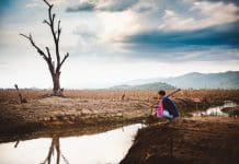 Water crisis concept, Hopeless and lonely farmer sit on cracked earth near drying water.