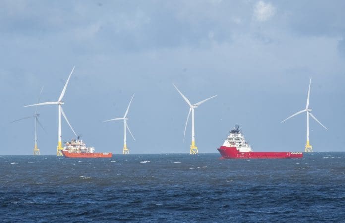 Offshore wind turbines off the Aberdeen coast in Scotland