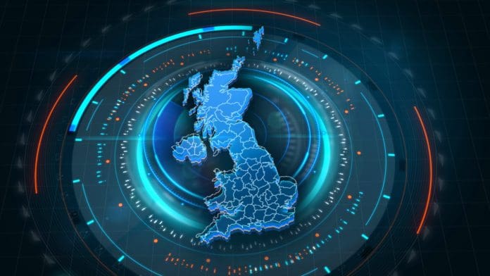 UK Map Links with Futuristic HUD Virtual Interface background details