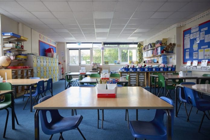 Empty Tables And Chairs In Primary Or Elementary School Classroom