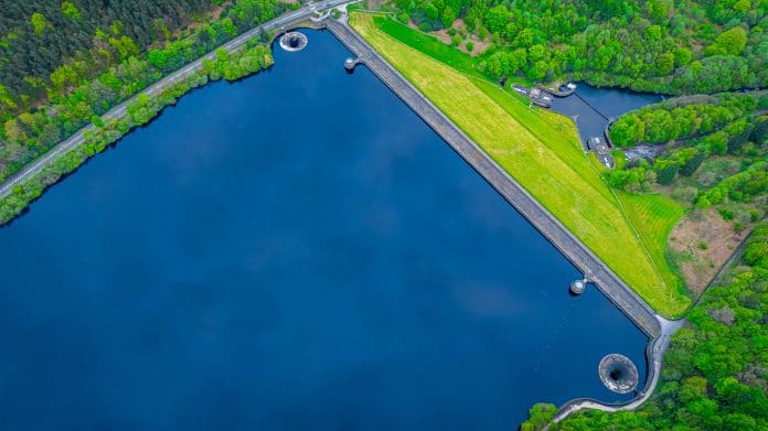 Aerial view of Ladybower Reservoir, a large artificial reservoir, the lowest of three in the Upper Derwent Valley in Derbyshire, England, UK