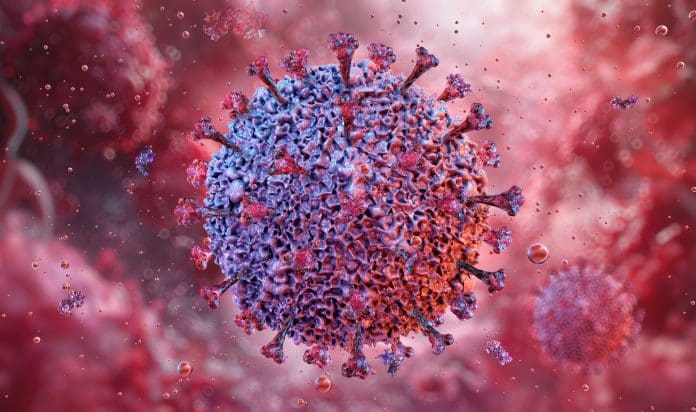 Epstein-Barr DNA herpes virus infecting a B lymphocyte, electron micrograph. EBV, herpesvirus 4 cell, can cause infectious mononucleosis disease. Human health, virology science medical 3D illustration