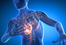 X-ray 3D illustration of man with chest pain with blue background - heart attack