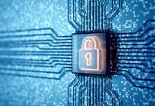 Electronic quantum computer microchip with lock icon. Internet security and privacy network technology. Circuit board. 3d render