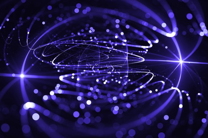 Communication Connection Fiber Optic Spiral Particle AI Quantum Network Speed Vortex Unity Exploding Epicenter Abstract Tunnel Navy Blue Neon LED Light Beam Trail Laser Igniting Orbiting Pattern Big Data WEB3 5G Circle Bokeh Ultra Violet Black Background Technology Futuristic Fantasy Fractal Art Digitally Generated Image for presentation, flyer, card, poster, brochure, banner