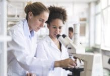 Scientists using a microscope